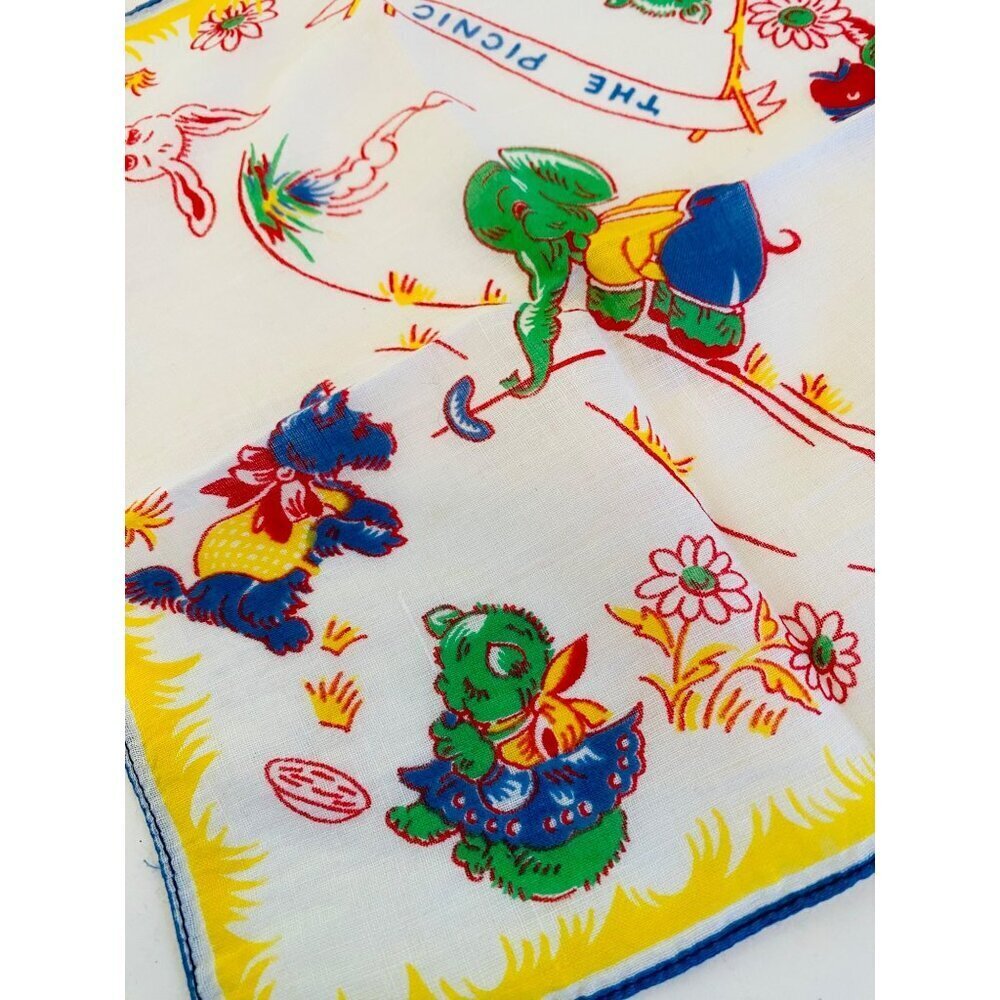 Vintage Child's Hankie from the 1940s, The Picnic Whimsical Novelty Print Hankie - Picture 6 of 8